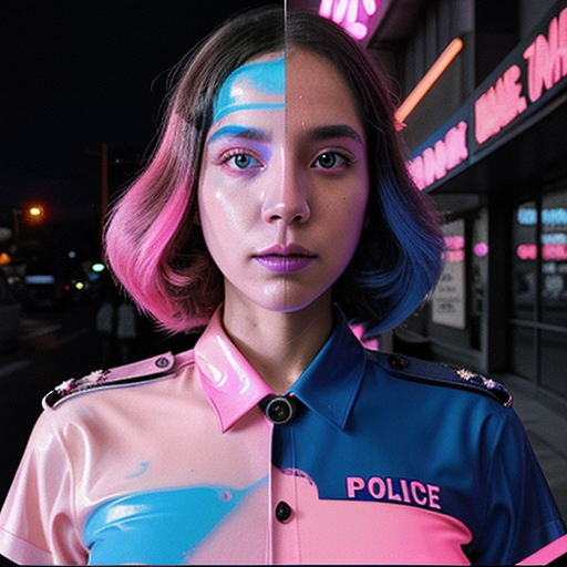 A distorted, glitching reflection of a classic 1970s police badge and uniform, dissolving into a swirling vortex of neon pink and blue, symbolizing the manipulation of reality through ai.